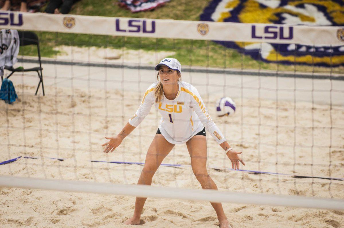 LSU beach volleyball junior Keli Greene-Agnew (1) observes the court during LSU's 5-0 victory against Texas A&amp;M Corpus Christi on Saturday, March 20, 2021 at the Beach Volleyball Complex.