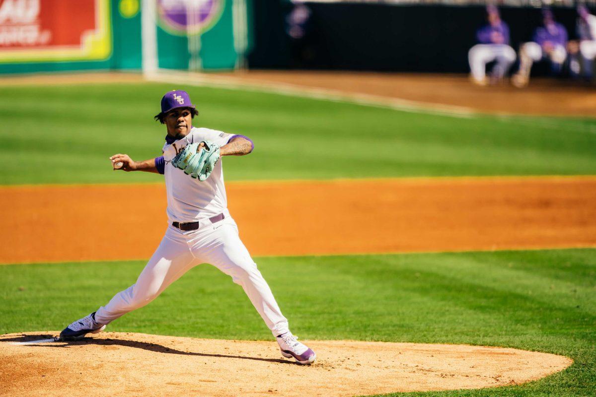 LSU baseball junior right-handed pitcher Jaden Hill (0) pitches Saturday, Feb. 20, 2021 during LSU's 6-1 win over Air Force at Alex Box Stadium on Gourrier Avenue in Baton Rouge, La.