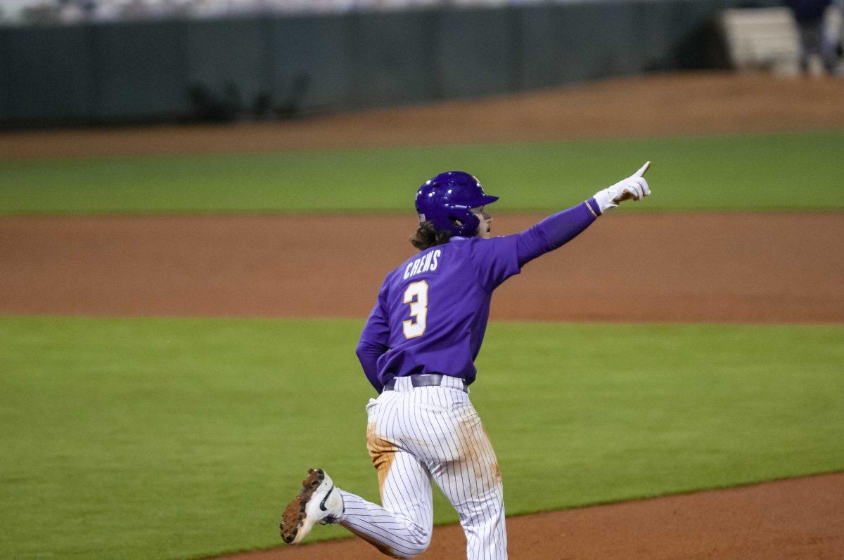 LSU baseball freshman utility Dylan Crews (3) celebrates a home run Wednesday, March 3, 2021 during LSU&#8217;s 16-1 win against Southern in Alex Box Stadium on Gourrier Avenue in Baton Rouge.