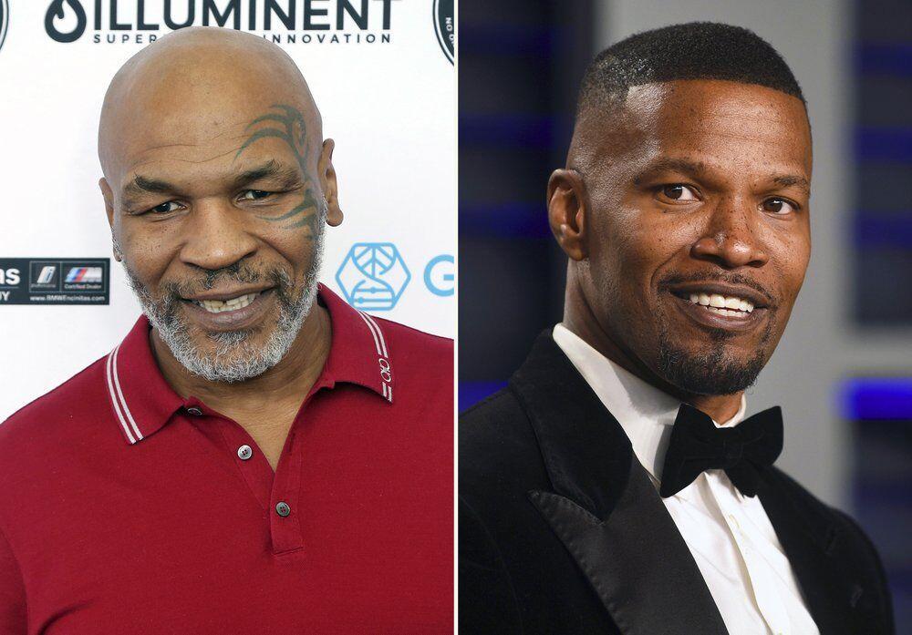 In this combination photo, Mike Tyson, left, attends a celebrity golf tournament on Aug. 2, 2019, in Dana Point, Calif. and Jamie Foxx arrives at the Vanity Fair Oscar Party on Feb. 24, 2019, in Beverly Hills, Calif. Tyson says he's producing a limited series about his life and career. Foxx will play the boxing great in the project that also counts Foxx and filmmaker Martin Scorsese as producers. (Photos by Willy Sanjuan/Invision/AP, left, and Evan Agostini/Invision/AP)