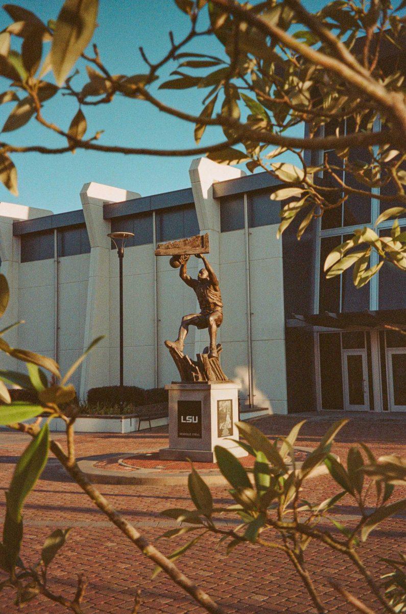 A statue of Shaquille O&#8217;Neal stands on Feb. 26, 2021 outside of the Pete Maravich Assembly Center.