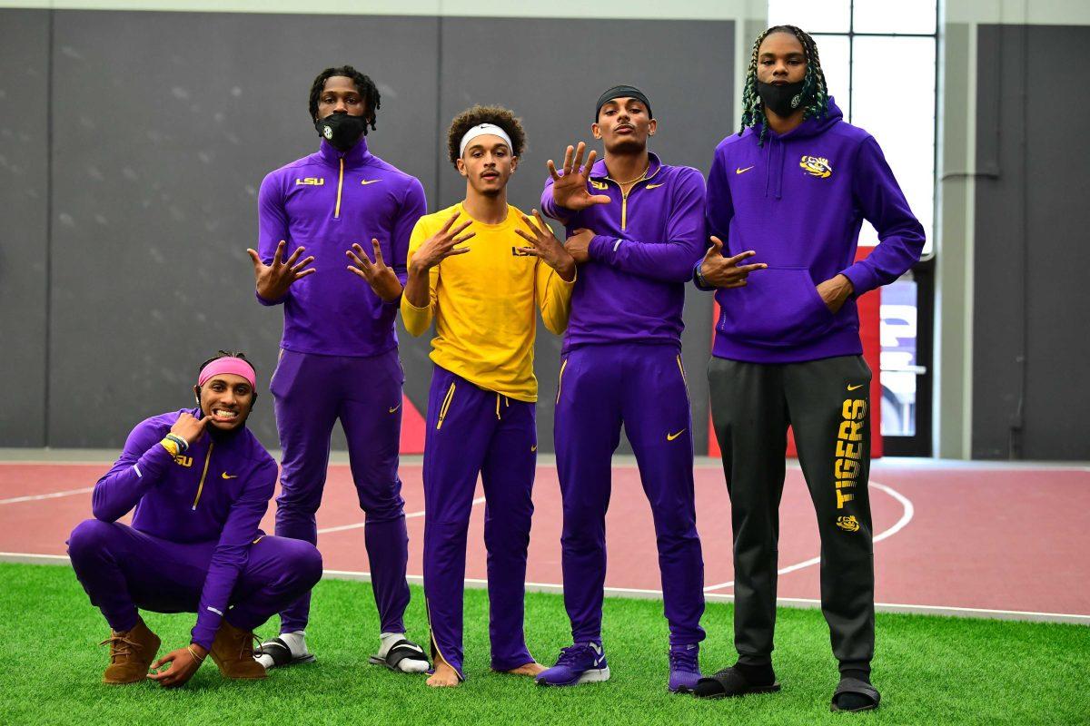 Eric Edwards Jr., Damion Thomas, Terrance Laird, Noah Williams, JuVaughn Harrison pose for a picture following their performances in the 2021 SEC Indoor Championships in Fayetteville, Arkansas. Courtesy LSU Athletics