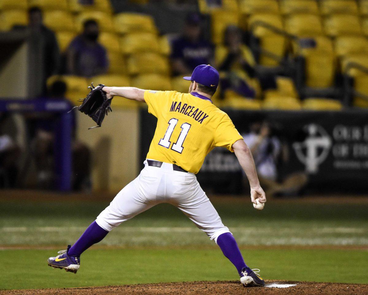 LSU baseball junior right-handed pitcher Landon Marceaux delivers a pitch Saturday, Feb. 27, 2021 during LSU's 14-0 win over Nicholls St. at Alex Box Stadium on Gourrier Avenue in Baton Rouge, La.&#160;&#160;