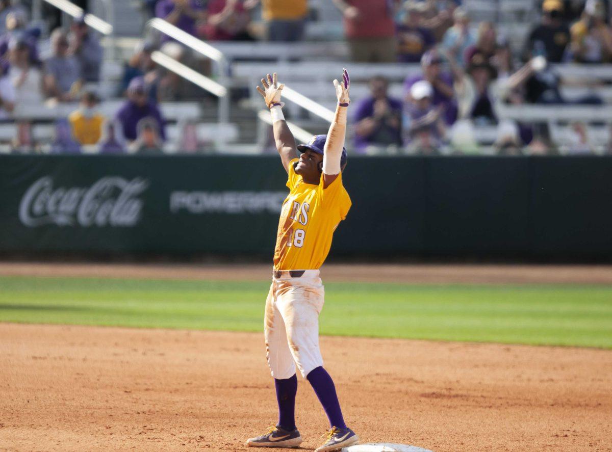 LSU baseball freshman first baseman Tre' Morgan (18) celebrates a double Sunday, March 21, 2021 during LSU&#8217;s 8-3 win against Mississippi State in Alex Box Stadium on Gourrier Avenue in Baton Rouge.