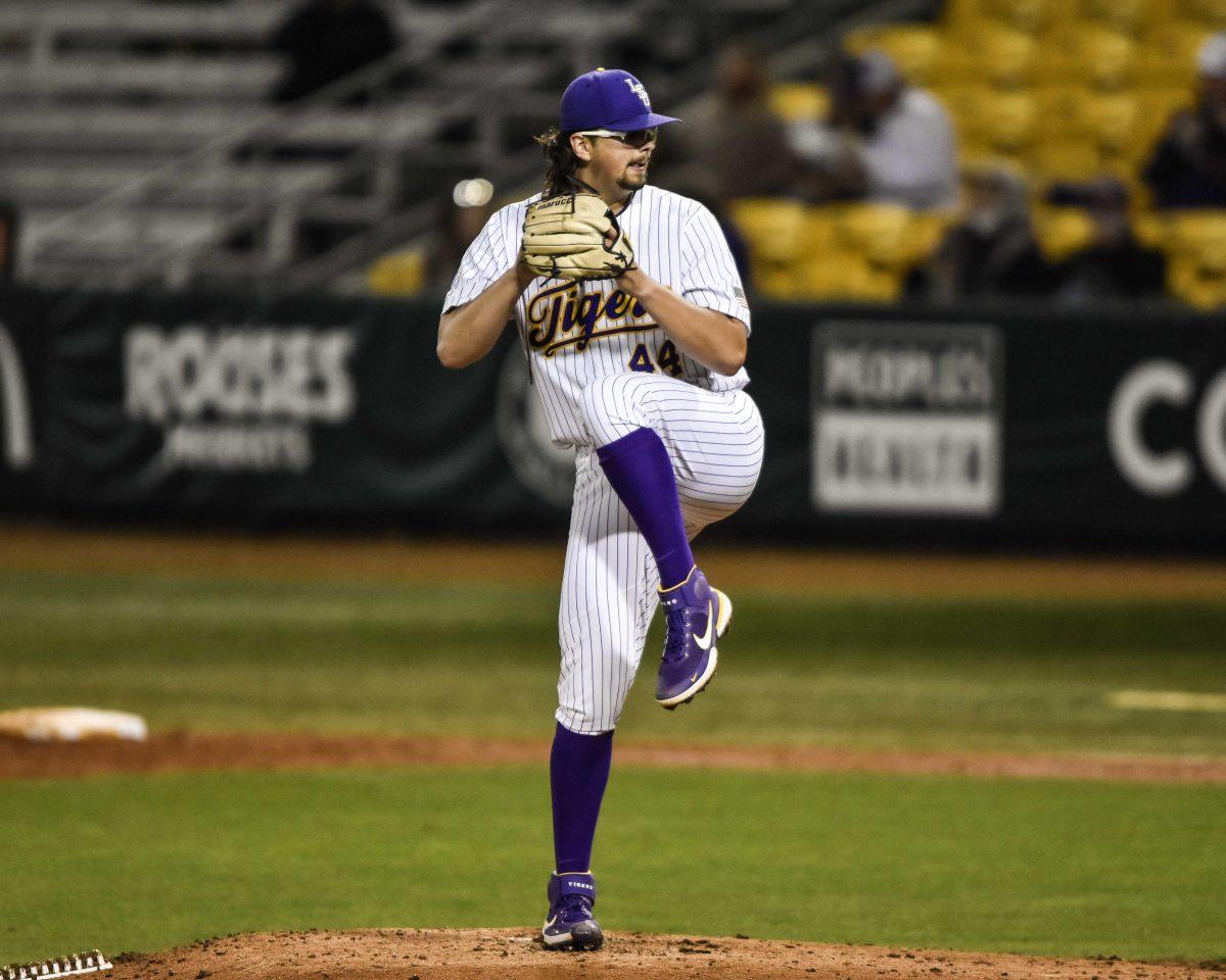 LSU baseball freshman right-handed pitcher Blake Money (44) delivers a pitch Tuesday, March 9, 2021 during LSU&#8217;s 10-4 win against Texas Southern in Alex Box Stadium on Gourrier Avenue in Baton Rouge.