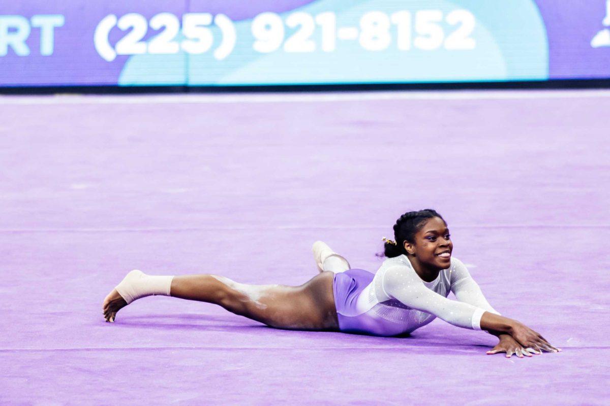 LSU gymnastics sophomore all-around Kiya Johnson performs a perfect 10.00 floor routine Friday, March 3, 2021 during LSU's 197.875-196.175 win over Missouri in the Pete Maravich Assembly Center on N. Stadium Drive in Baton Rouge, La.