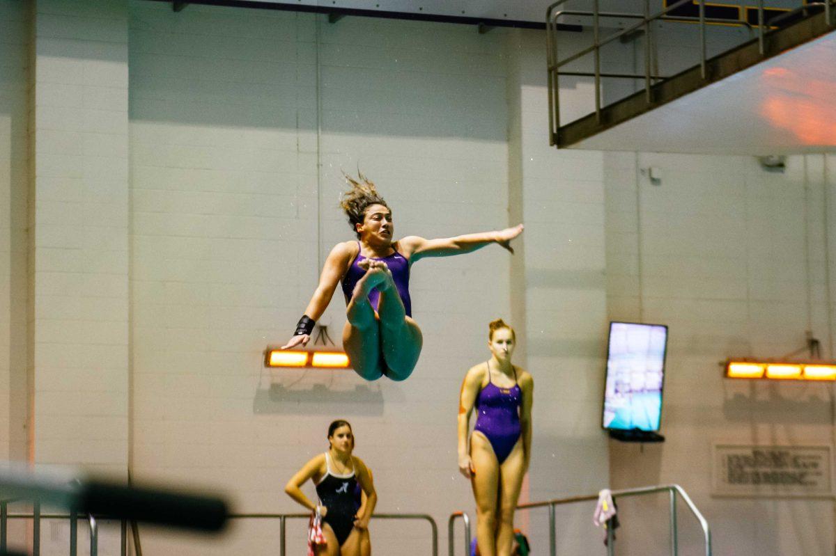 LSU diving freshman Montserrat Gutierrez Lavenant jumps off the diving board Friday, Nov. 6 during the LSU swimming and diving vs. Alabama meet where men lost 194-84 and women lost 183-117 in the LSU Natatorium on W Chimes street in Baton Rouge, La.