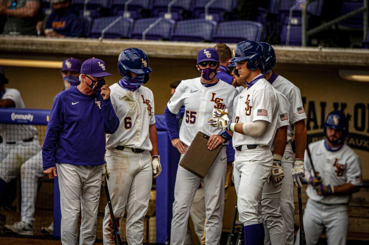 LSU baseball head coach Paul Mainieri speaks with players Friday, March 5, 2021 during LSU's 22-7 loss against Oral Roberts at Alex Box Stadium on Gourrier Avenue in Baton Rouge, La.