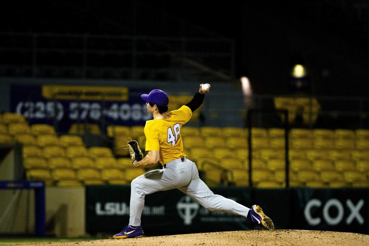 LSU baseball freshman right-handed pitcher Will Hellmers (48) prepares to pitch the ball Friday, Nov. 6, 2020 during the LSU Purple vs. Gold World Series where Gold won 3-0 against Purple in Alex Box Stadium on Gourrier Avenue.