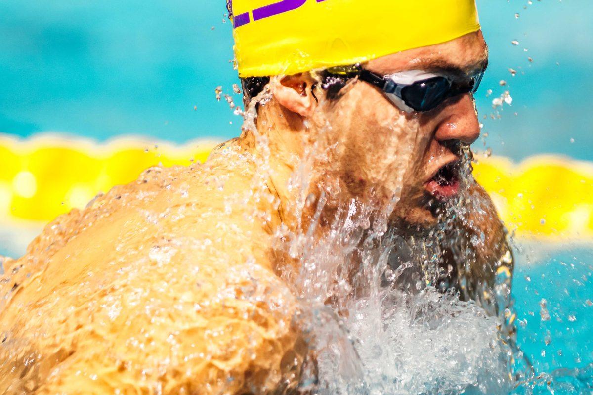 LSU swimming senior Luca Pfyffer performs the men's 100 yard breaststroke Friday, Nov. 6 during the LSU swimming and diving vs. Alabama meet where men lost 194-84 and women lost 183-117 in the LSU Natatorium on W Chimes street in Baton Rouge, La.