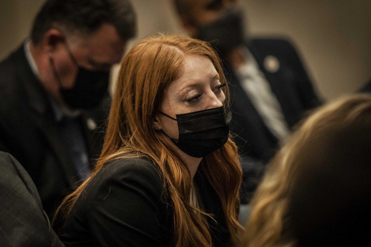 Former LSU student Samantha Brennan&#160;listens to Title IX hearing on Wednesday, March 10, 2021 at the Louisiana State Capitol on North Third Street.