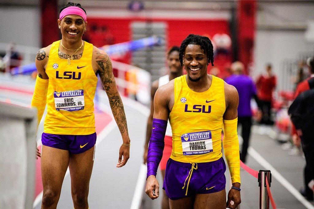 Hurdler Eric Edwards Jr. and Damion Thomas finish their performance in the 60-meter hurdles in the SEC Indoor Championships in Fayatteville, Arkansas. Courtesy LSU Athletics