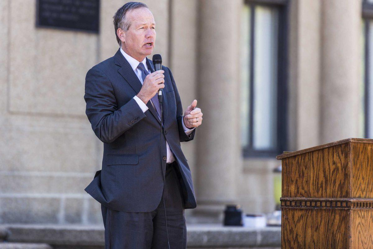 LSU President F. King Alexander gives a speech during LSU's 2018-19 Student Government inauguration on Wednesday, April 4, 2018, near Memorial Tower.