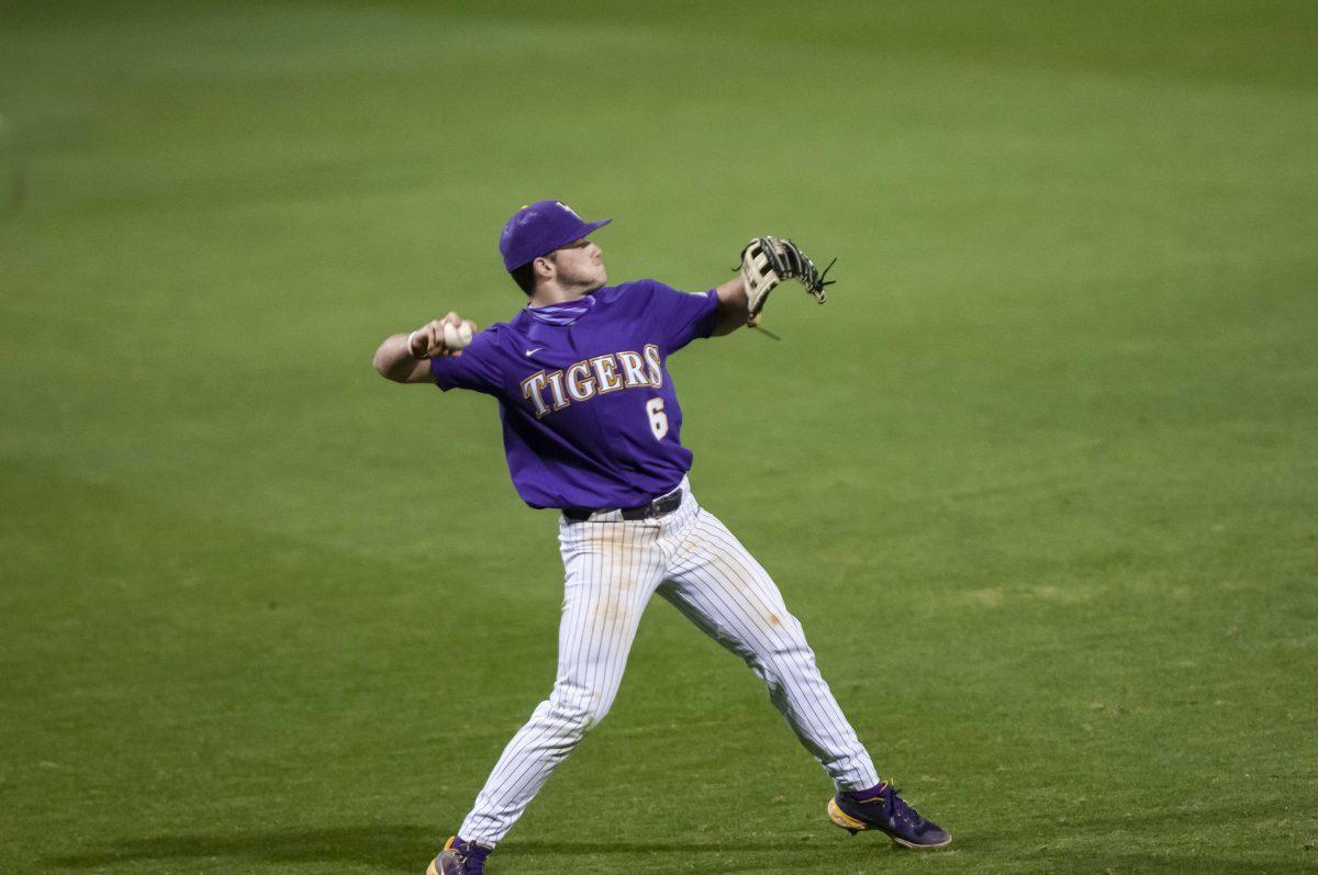 LSU baseball junior utility Gavin Dugas (6) throws the ball Wednesday, March 3, 2021 during LSU&#8217;s 16-1 win against Southern in Alex Box Stadium on Gourrier Avenue in Baton Rouge.