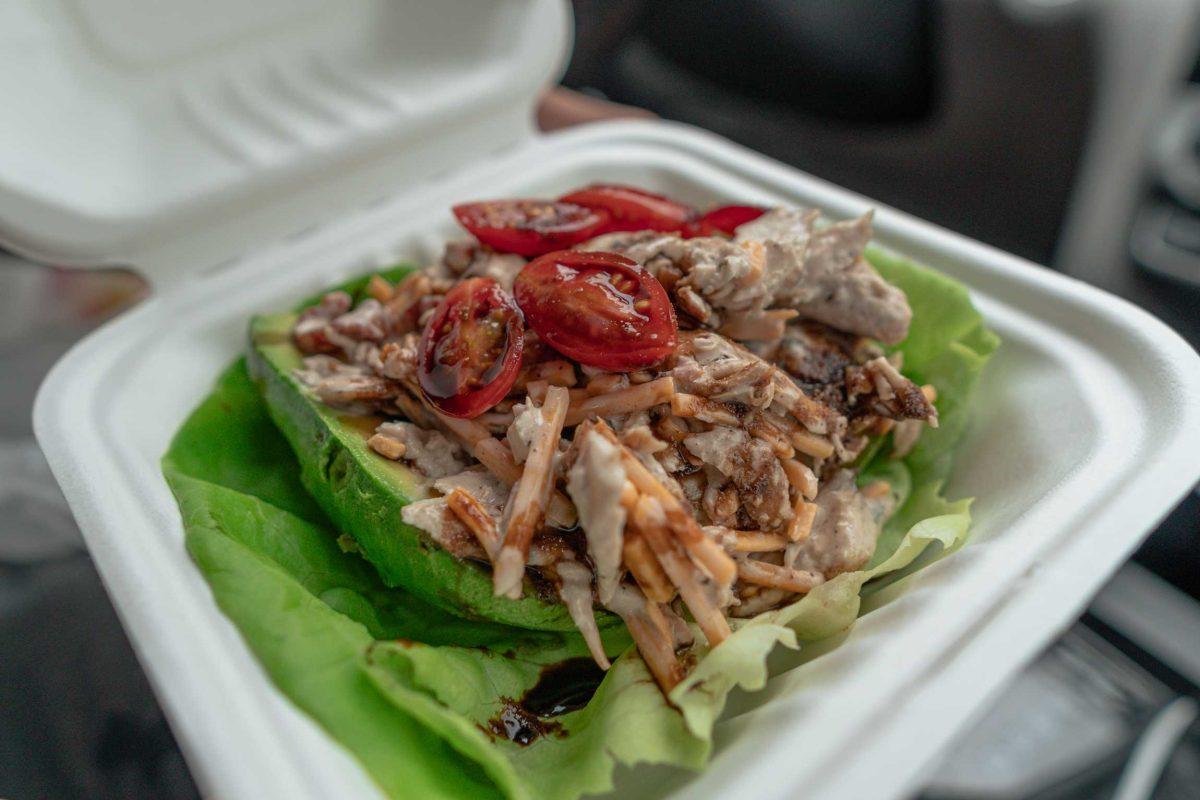 A Stuffed Avocado order sits in its container on March 25, 2021 outside of Poboy House in Port Allen.