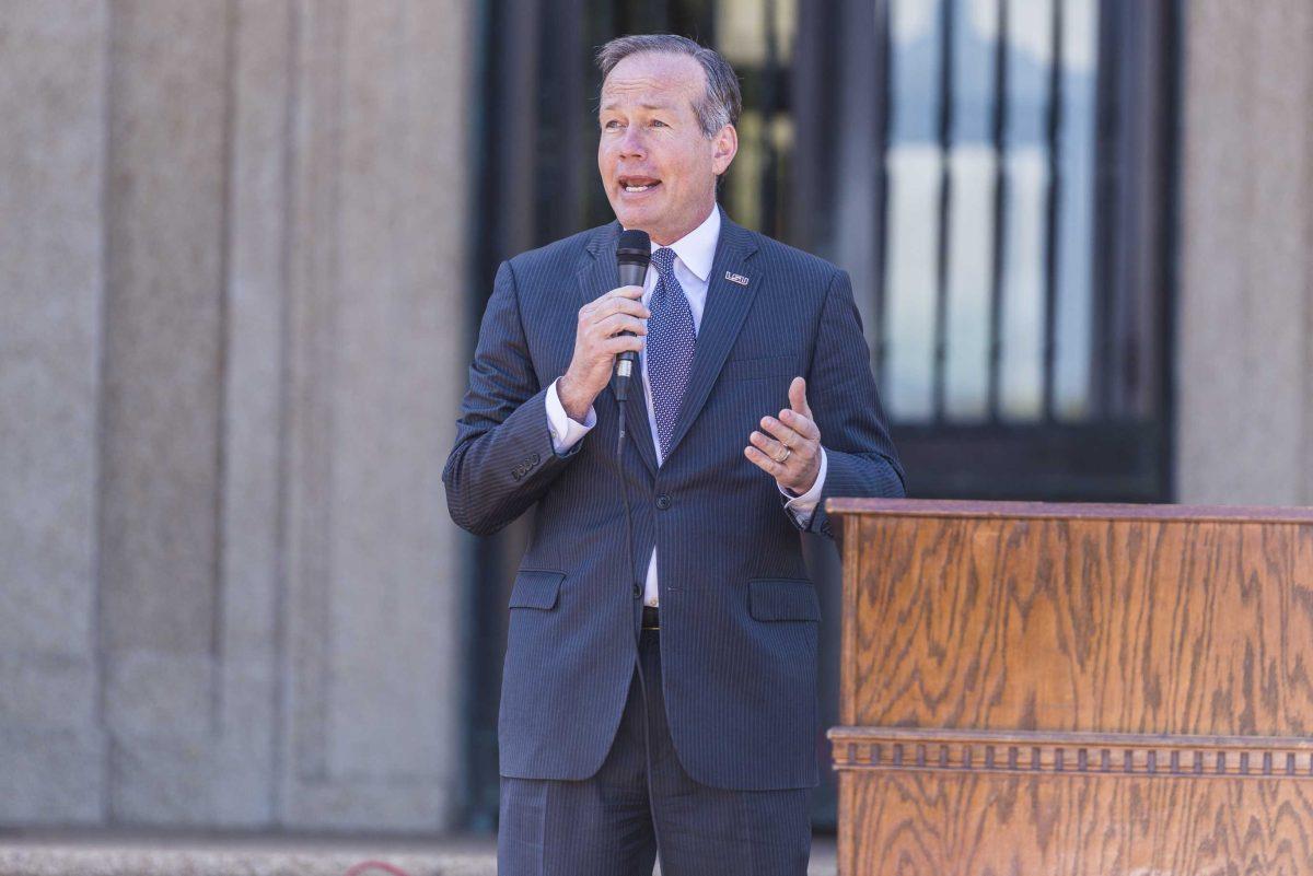 LSU President F. King Alexander gives a speech during LSU's 2018-19 Student Government inauguration on Wednesday, April 4, 2018, near Memorial Tower.