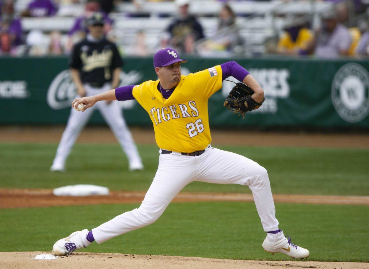 LSU baseball redshirt-junior right handed pitcher AJ Labas (26) pitches the ball Saturday, April 3, 2021 during LSU&#8217;s 3-5 loss against Vanderbilt in Alex Box Stadium on Gourrier Avenue in Baton Rouge.