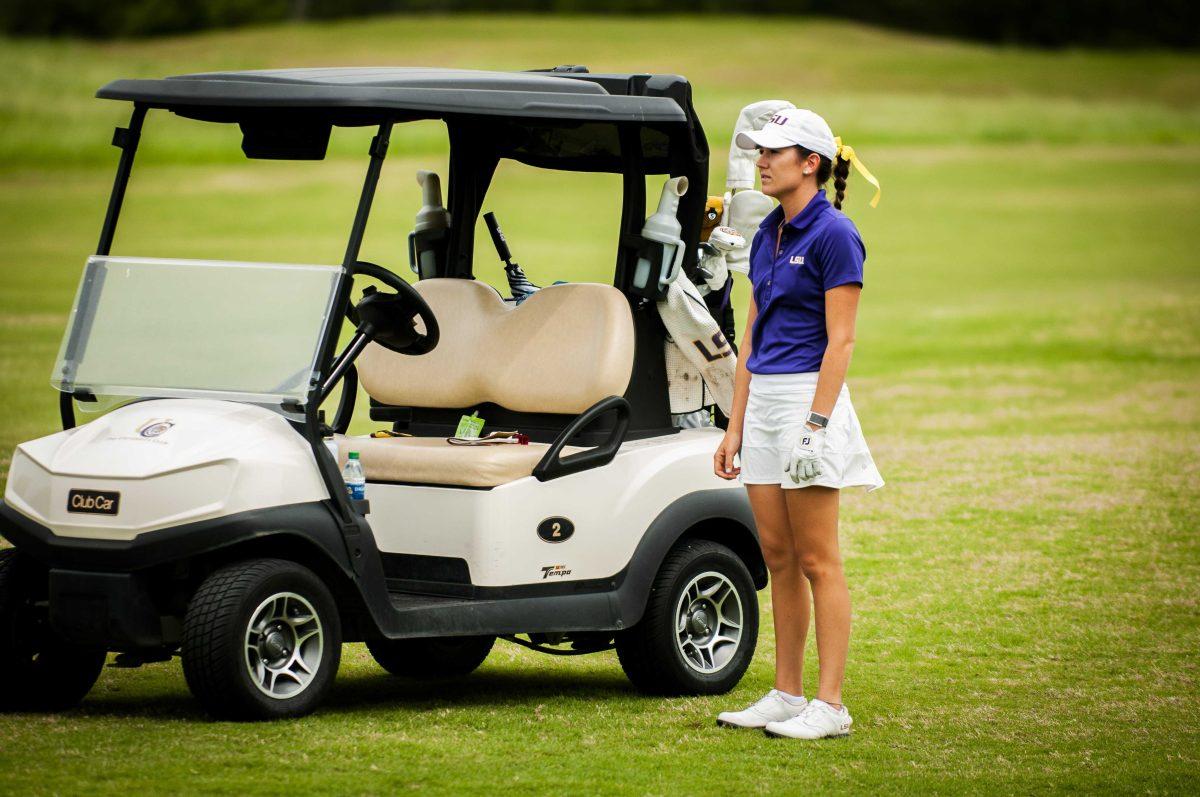 <p>LSU women's golf senior Kendall Griffin surveys the course on Wednesday, April 7, 2021 during the LSU Classic Day at the University Club on Memorial Tower Drive in Baton Rouge, La.</p>