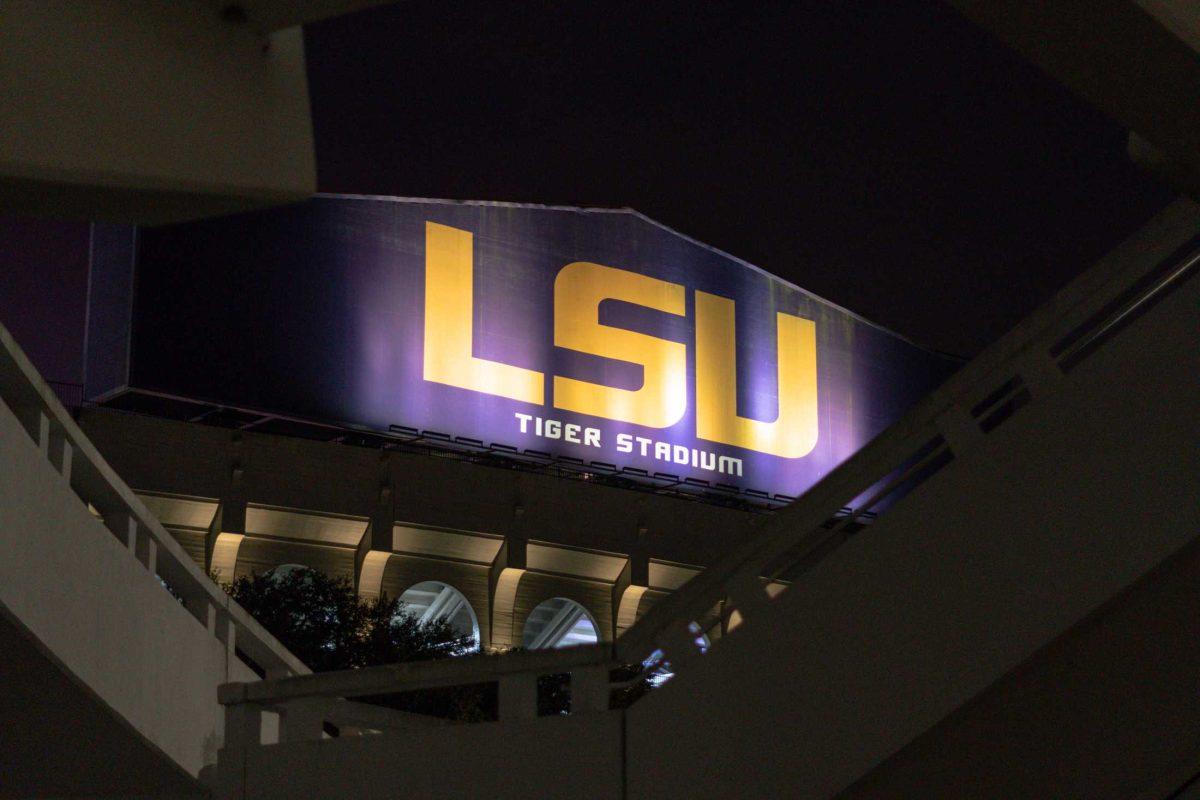 The Tiger Stadium sign stays lit during the night of Feb. 28, 2021 on the LSU campus.