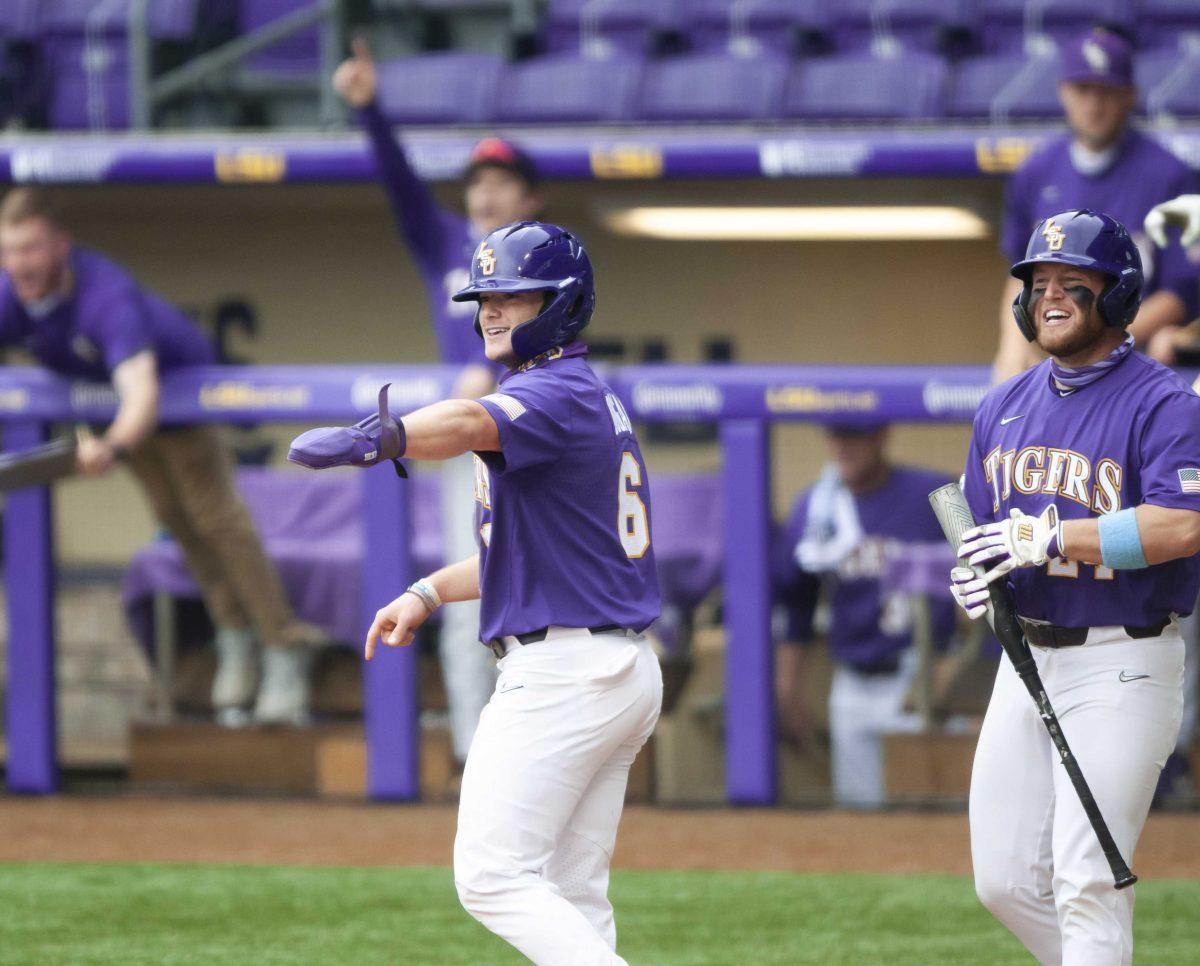 LSU baseball junior utility Gavin Dugas (6) celebrates the run Saturday, April 17, 2021 during LSU&#8217;s 2-4 loss against South Carolina in Alex Box Stadium on Gourrier Avenue in Baton Rouge.