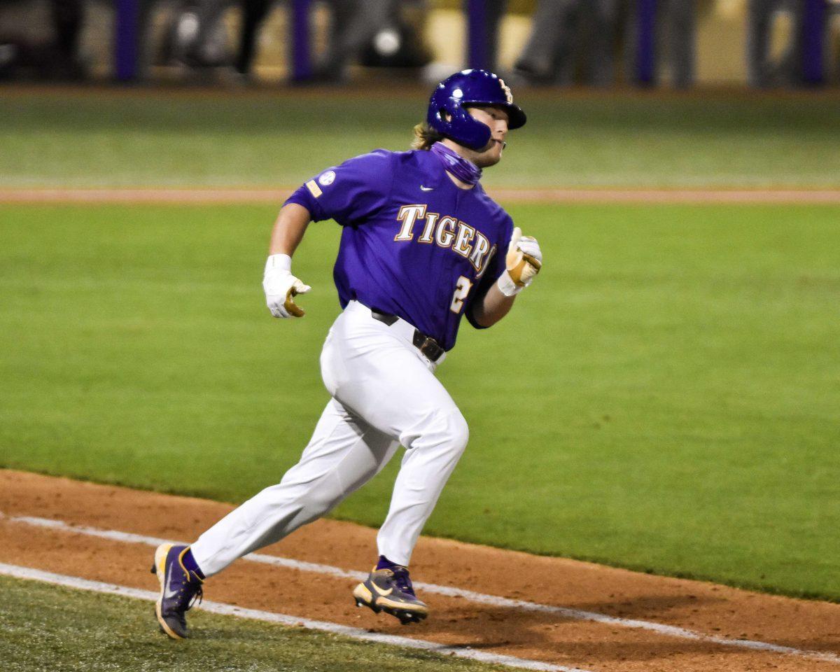 LSU baseball junior outfielder and first basemen Cade Beloso (24) rounds first base Saturday, March 20, 2021 during LSU's 3-0 loss against Mississippi St. at Alex Box Stadium on Gourrier Avenue in Baton Rouge, La.&#160;&#160;