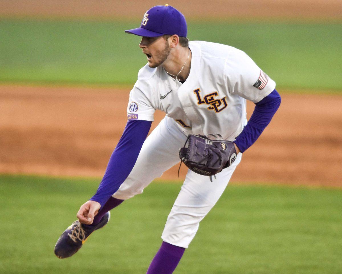 LSU baseball junior right-handed pitcher Landon Marceaux (11) delivers a pitch Thursday, April 1, 2021 during LSU's 13-1 loss against Vanderbilt at Alex Box Stadium on Gourrier Avenue in Baton Rouge, La.