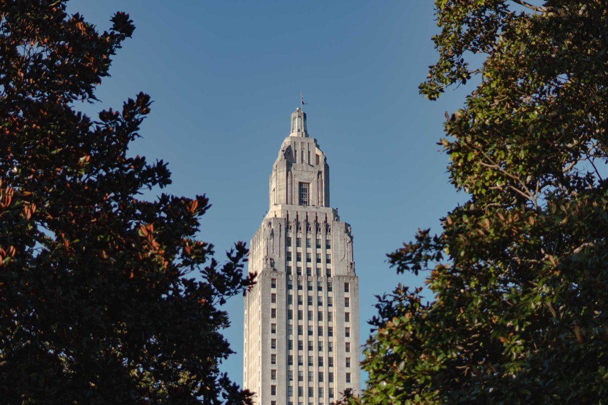 A pair of trees frame the State Capitol on Sunday, Feb. 6, 2022, at 900 North Third Street in Baton Rouge, La.