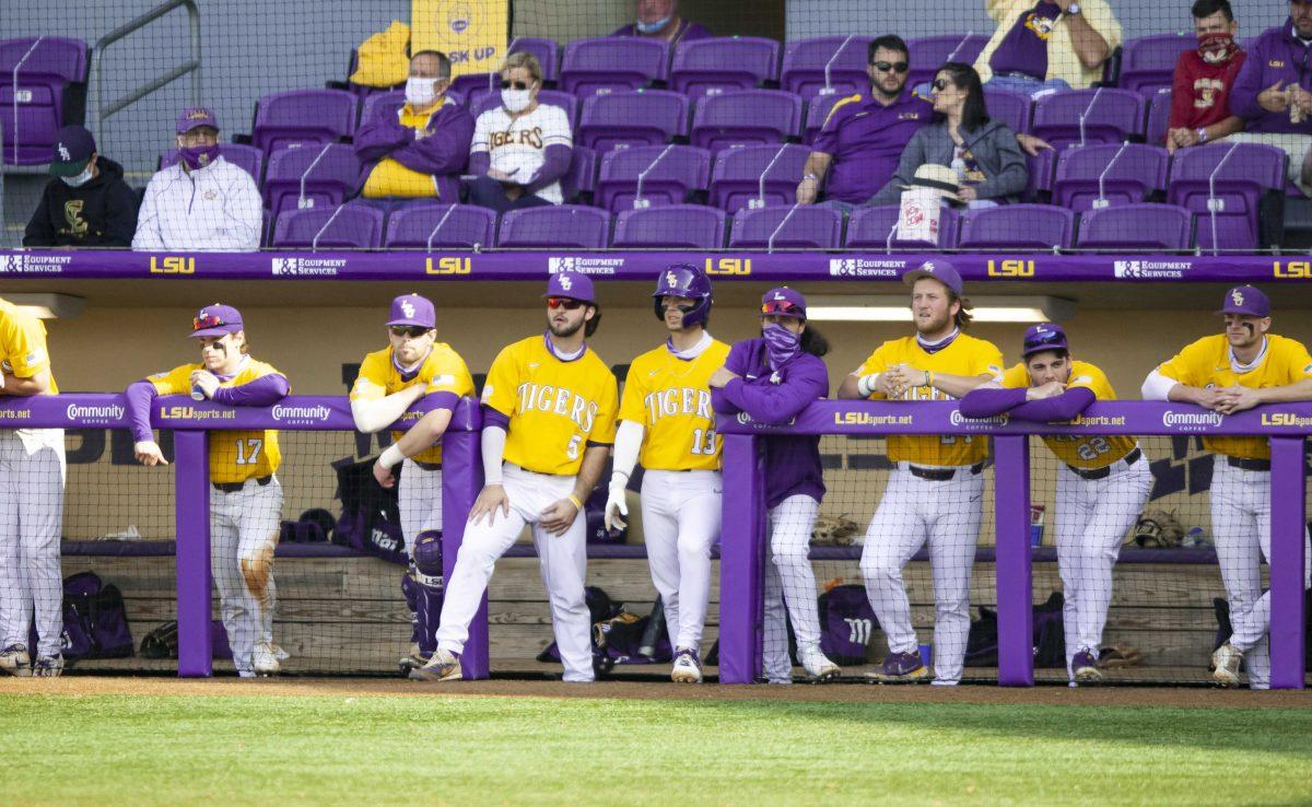 LSU baseball players watch the game Saturday, April 3, 2021 during LSU&#8217;s 4-5 loss against Vanderbilt in Alex Box Stadium on Gourrier Avenue in Baton Rouge.