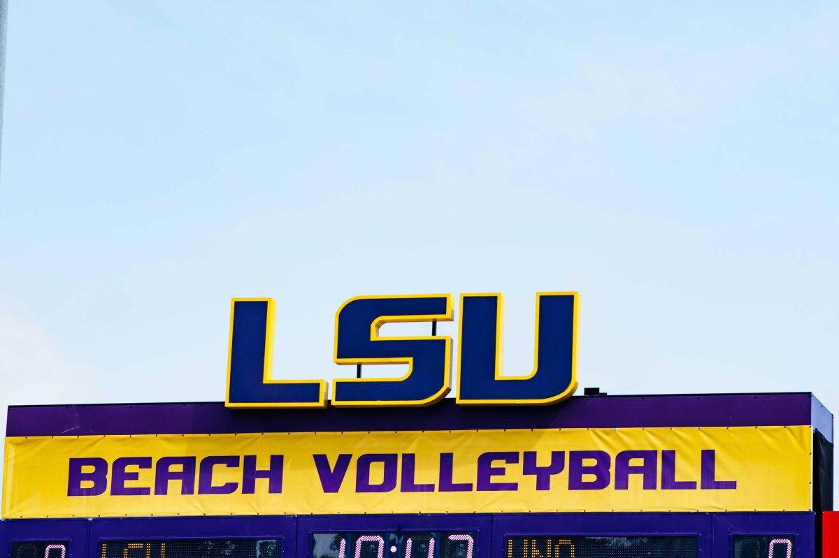 The LSU beach volleyball sign stands tall Saturday, April 10, 2021 during LSU's 5-0 win against New Orleans at the Beach Volleyball Stadium on Cypress Drive on LSU's campus.