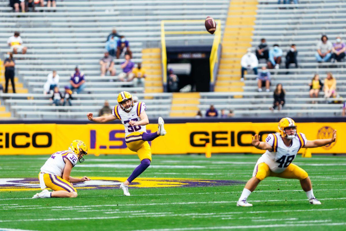 LSU football junior placekicker Cade York (36) kicks a field goal Saturday, April 17, 2021 where the LSU football white team defeated purple 23-14 during their spring game at Tiger Stadium in Baton Rouge, La.