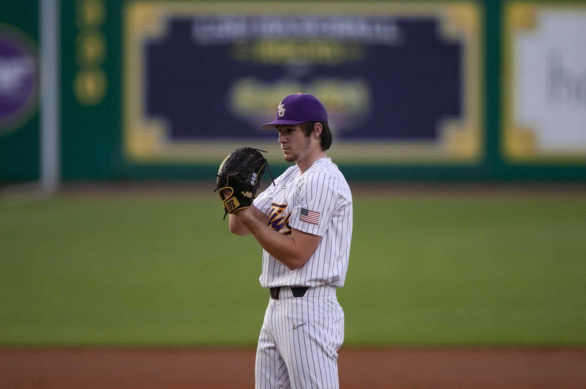 LSU baseball freshman right handed pitcher Will Hellmers (48) prepares to pitch the ball Tuesday, April 6, 2021 during LSU&#8217;s 14-1 win against McNeese State in Alex Box Stadium on Gourrier Avenue in Baton Rouge.