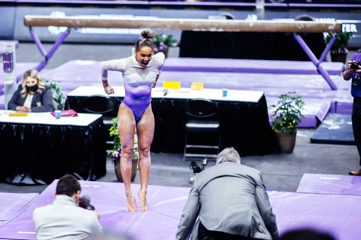 LSU gymnastics freshman all-around Haleigh Bryant cheers after her vault where she scored a perfect 10.00 Friday, March 3, 2021 during LSU's 197.875-196.175 win over Missouri in the Pete Maravich Assembly Center on N. Stadium Drive in Baton Rouge, La.