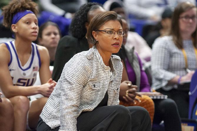 LSU coach Nikki Fargas watches the game during the lady Tigers' 76-52 loss to South Carolina, on Sunday, Jan. 13, 2019 in the PMAC.