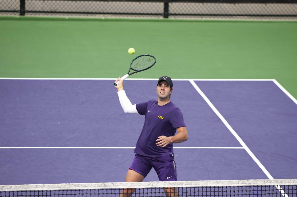 LSU men&#8217;s tennis senior Rafael Wagner attempts to hit the ball Sunday, Feb. 28, 2021 during LSU&#8217;s 1-4 loss against South Carolina in the LSU Tennis Complex on Gourrier Avenue in Baton Rouge.