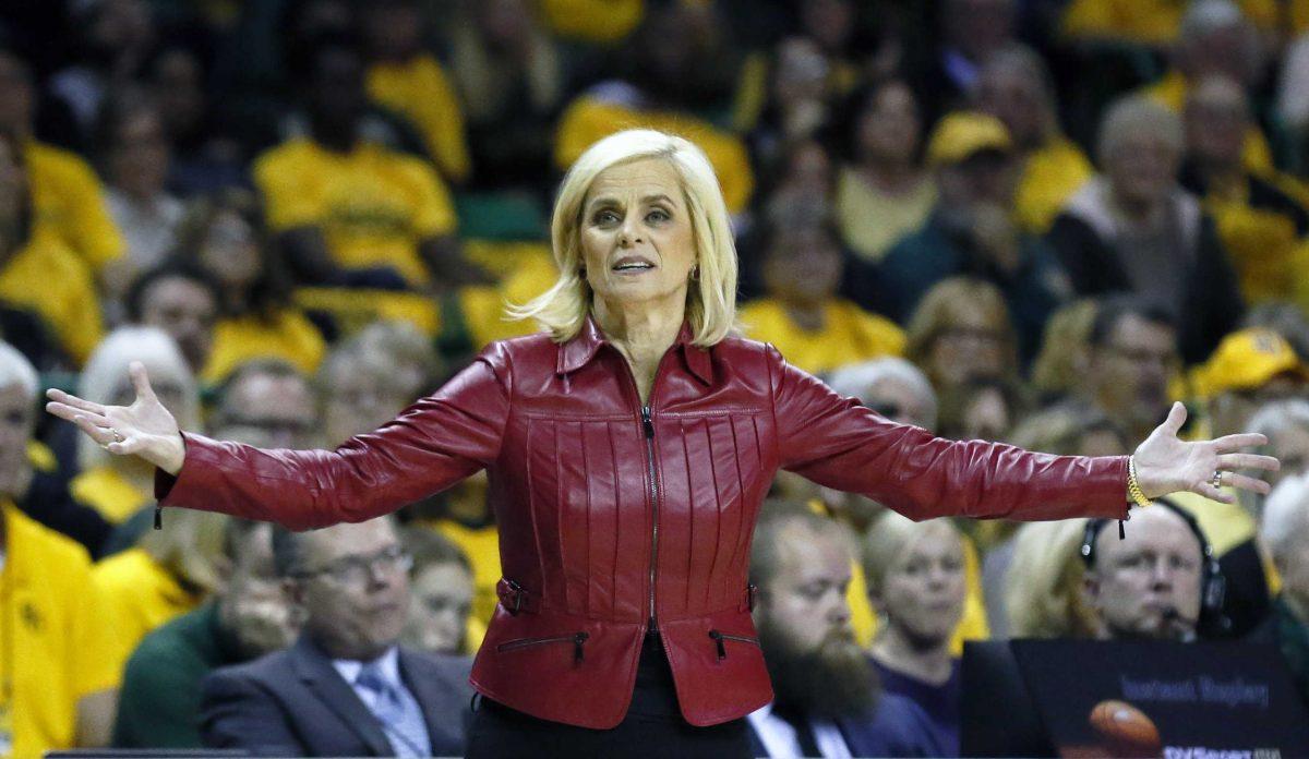 FILE - In this Thursday, March 5, 2020 file photo, Baylor head coach Kim Mulkey questions a call from the sidelines during an NCAA college basketball game against Texas in Waco, Texas. Hall of Fame coach Kim Mulkey has left Baylor to return home and take over the LSU women's basketball team. The school announced the move Sunday, April 25, 2021. (AP Photo/Ray Carlin, File)