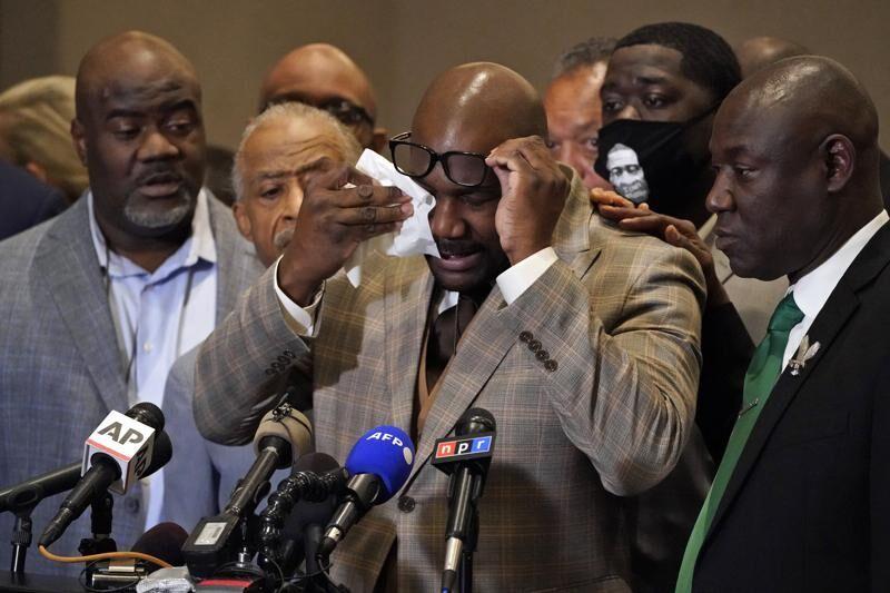 George Floyd's brother Philonise Floyd wipes his eyes during a news conference, Tuesday, April 20, 2021, in Minneapolis, after the verdict was read in the trial of former Minneapolis Police officer...