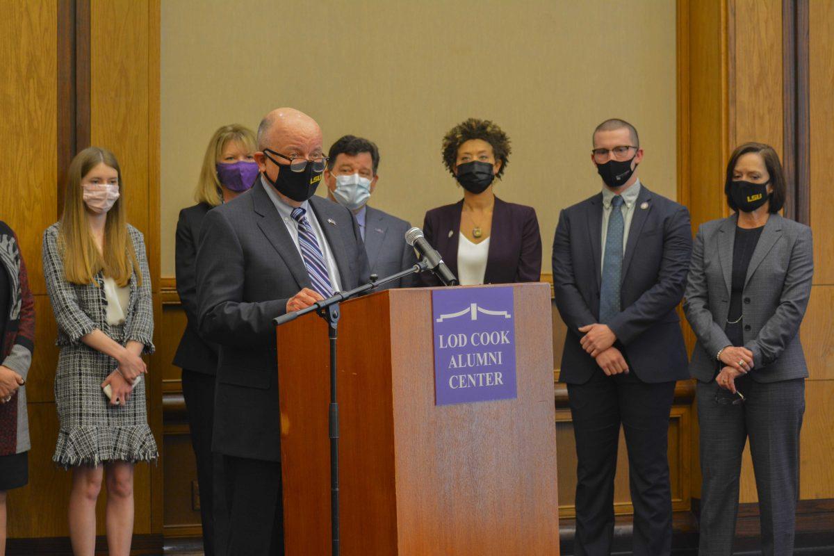 Thomas C. Galligan Jr., LSU Interim President, speaks to the reporters about the Title IX review findings on Friday, Mar. 5, 2021 at Lod Cook Alumni Center on 3838 W Lakeshore Dr.