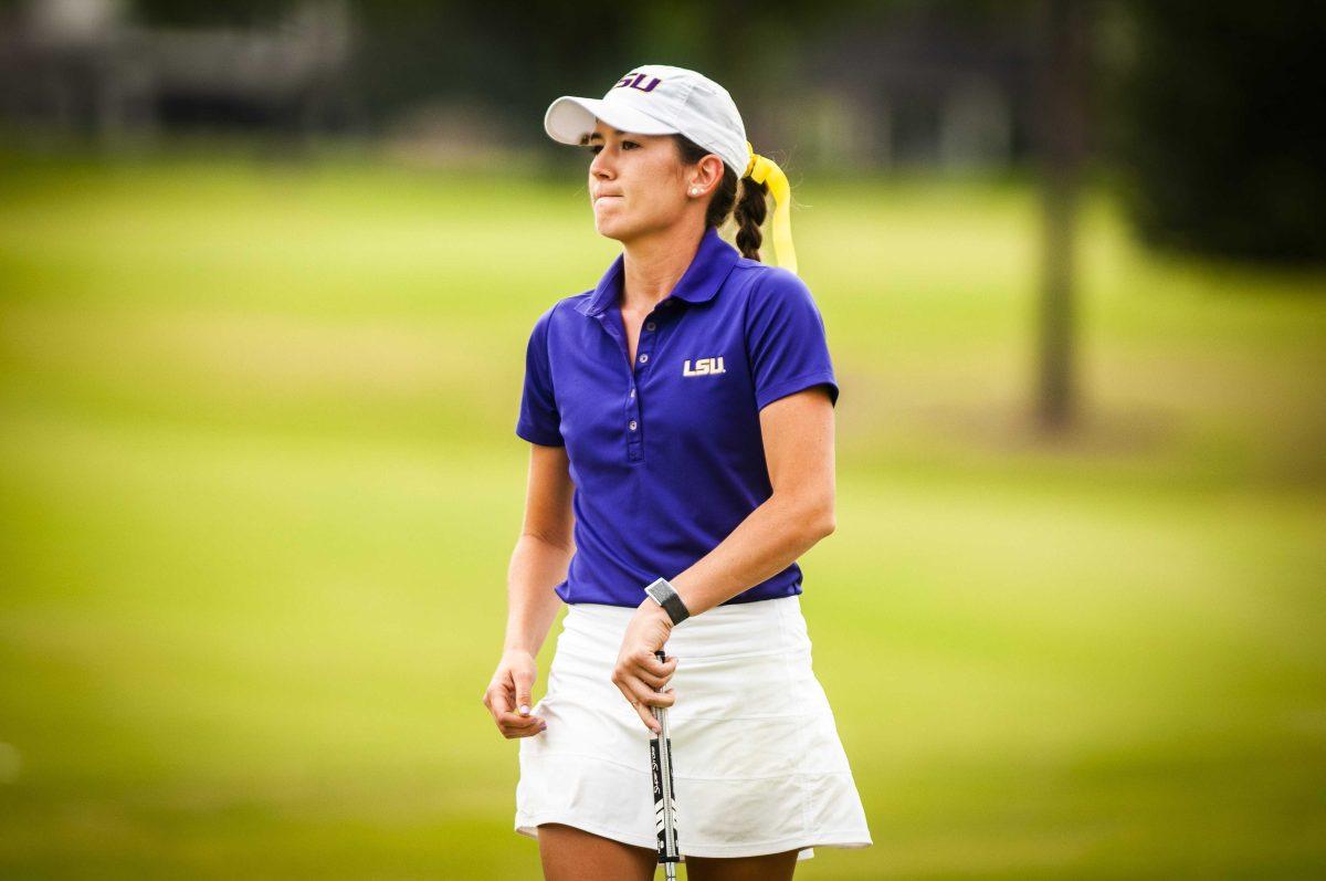 LSU women's golf senior Kendall Griffin surveys the course on Wednesday, April 7, 2021 during the LSU Classic Day at the University Club on Memorial Tower Drive in Baton Rouge, La.