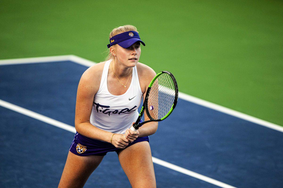 LSU women&#8217;s tennis senior&#160;Maggie&#160;Cubitt scans the court Friday, March 12, 2021 during LSU&#8217;s 4-0 loss against Georgia in the LSU Tennis Complex on Gourrier Avenue in Baton Rouge.