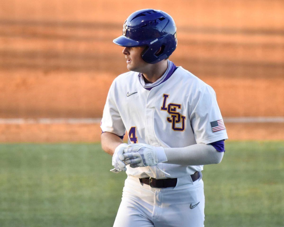 LSU baseball sophomore infielder Cade Doughty (4) walks to the dougout after grounding out Thursday, April 1, 2021 during LSU's 13-1 loss against Vanderbilt at Alex Box Stadium on Gourrier Avenue in Baton Rouge, La.