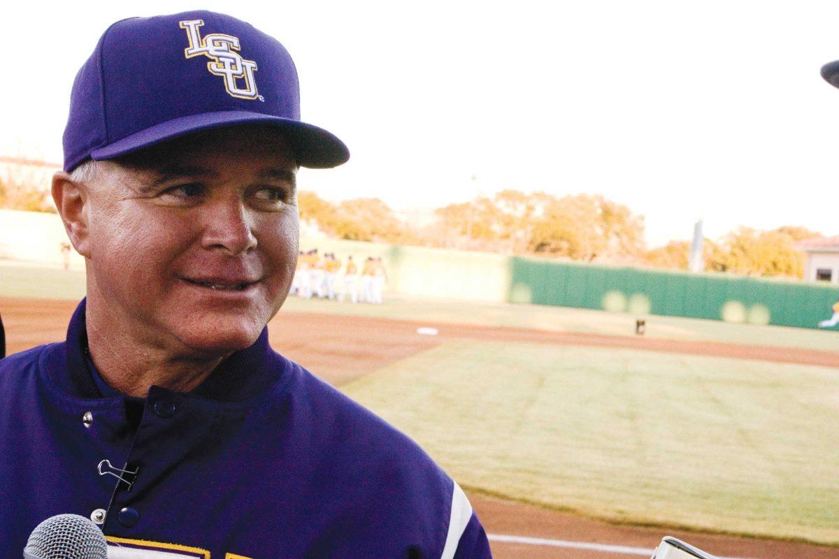 LSU baseball coach Paul Mainieri addresses the media Feb. 3 during the Tigers&#8217; first practice in the new Alex Box Stadium.