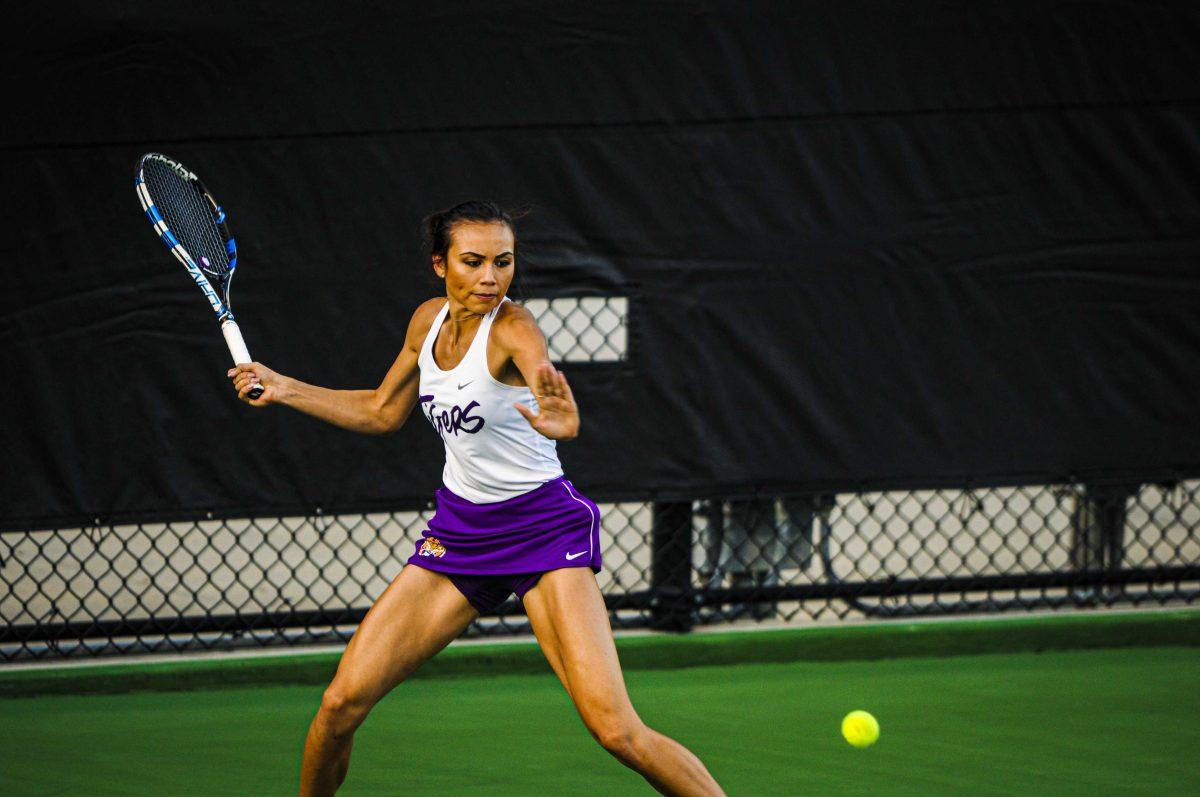 LSU women&#8217;s tennis senior Taylor Bridges hits the ball Friday, March 12, 2021 during LSU&#8217;s 4-0 loss against Georgia in the LSU Tennis Complex on Gourrier Avenue in Baton Rouge.