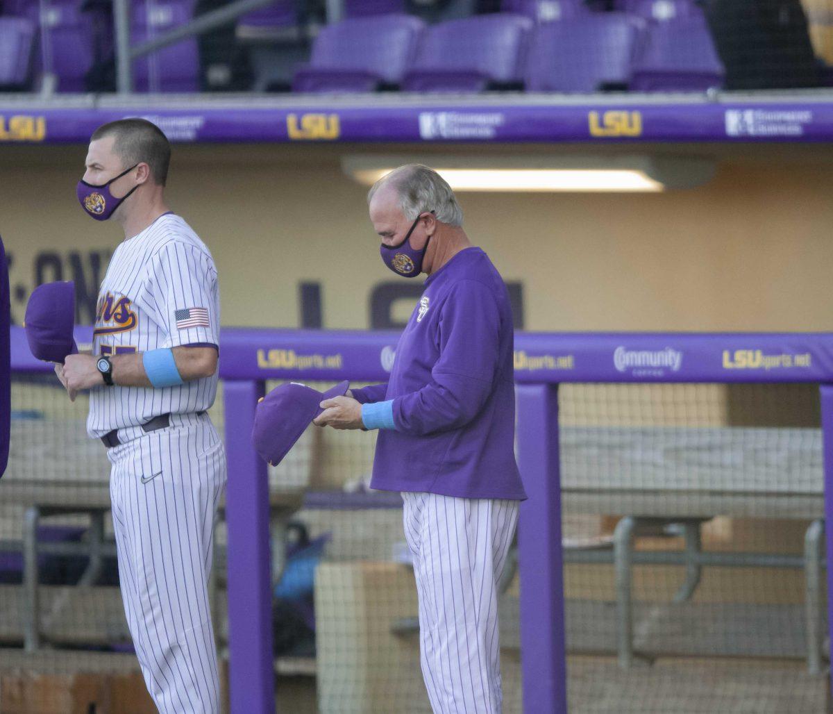 LSU baseball head coach Paul Mainieri prepares for the game Tuesday, April 6, 2021 during LSU&#8217;s 14-1 win against McNeese State in Alex Box Stadium on Gourrier Avenue in Baton Rouge.