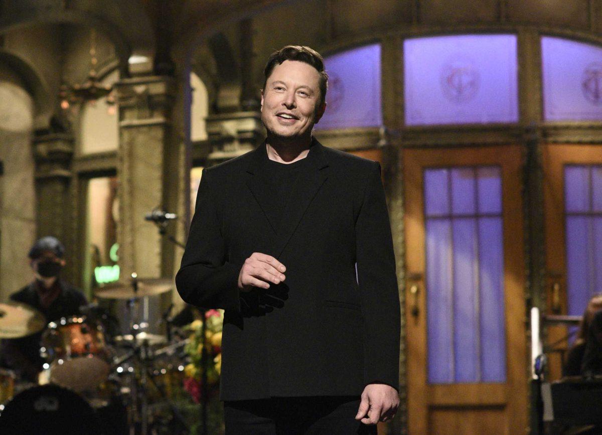 This image released by NBC shows host Elon Musk delivering his opening monologue on "Saturday Night Live" in New York on May 8, 2021. (Will Heath/NBC via AP)