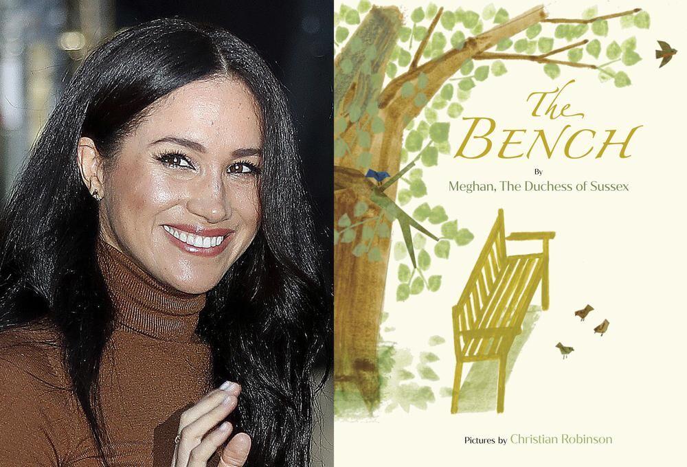 This combination photo shows Meghan, Duchess of Sussex leaving Canada House in London, on Jan. 7, 2020, left, and cover art for her upcoming children's book "The Bench," with pictures by Christian Robinson. The book will publish on June 8. (AP Photo, left, and Random House Children&#8217;s Books via AP)