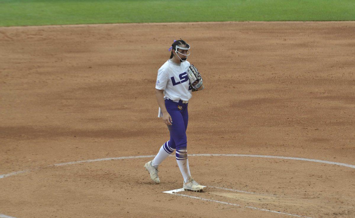 LSU softball junior pitcher Ali Kilponen (2) is in the zone Thursday, May 21, 2021 during LSU&#8217;s 102 victory over McNeese State in Tiger Park.