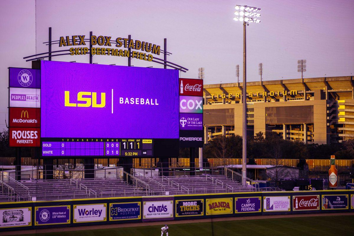 The LSU baseball screen and Tiger Stadium sit Friday, Jan. 29, 2021 during baseball white vs. gold media day at Alex Box Stadium on Gourrier Avenue in Baton Rouge, La.