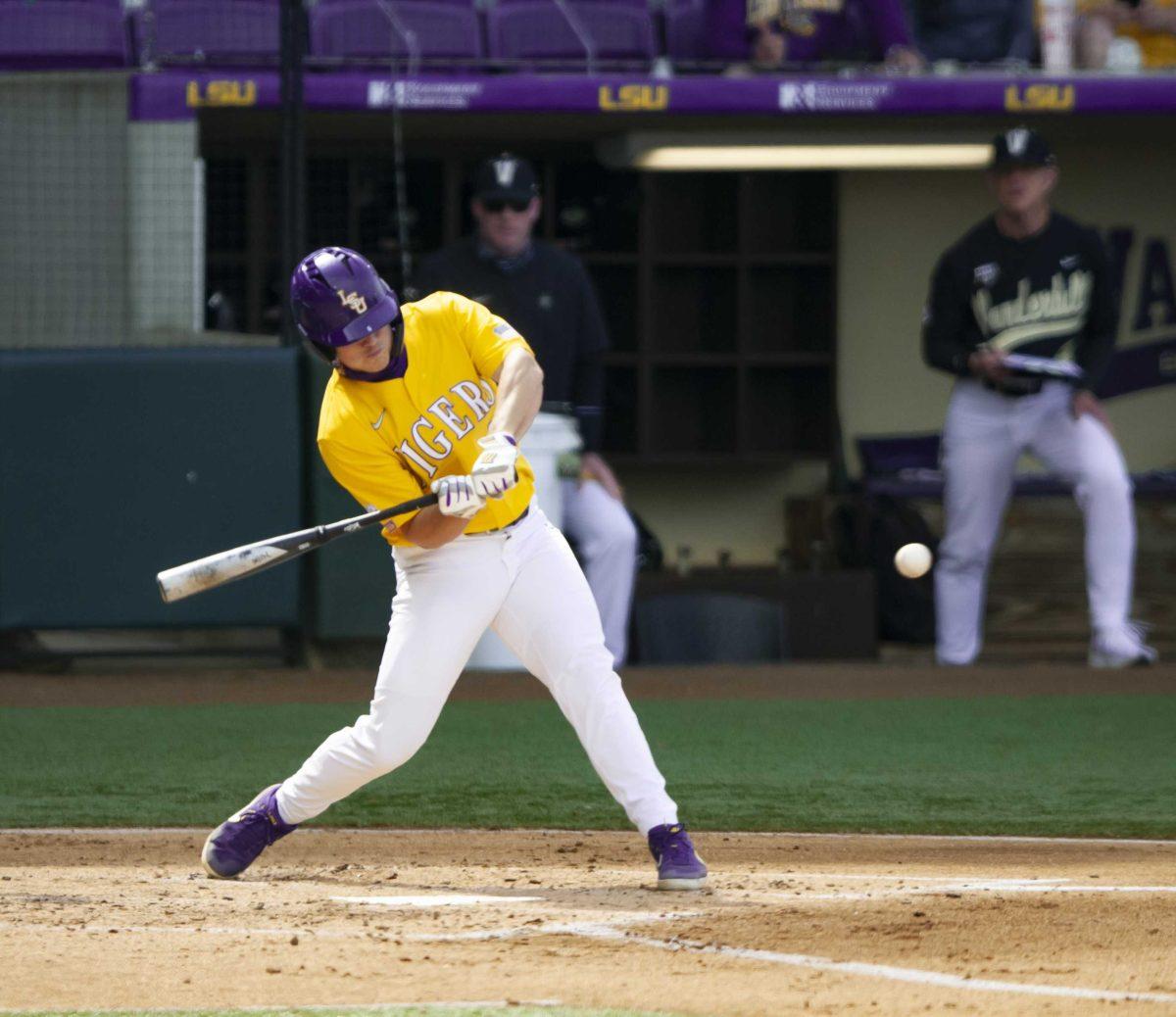 LSU baseball junior utility Gavin Dugas (6) hits the ball Saturday, April 3, 2021 during LSU&#8217;s 3-5 loss against Vanderbilt in Alex Box Stadium on Gourrier Avenue in Baton Rouge.