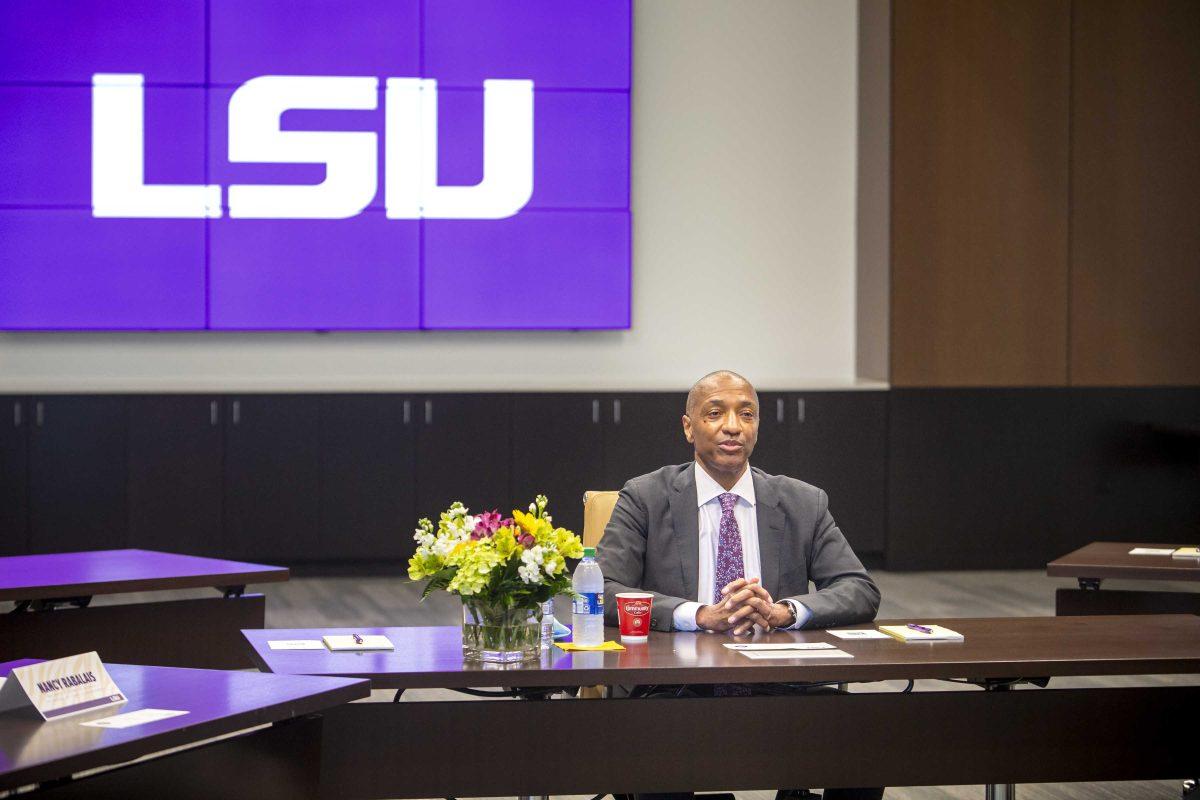 William Tate IV speaks during the interview process in LSU's presidential search on May 6, 2021. Tate was named president of LSU on May 7, 2021. Courtesy Katherine Seghers, LSU.