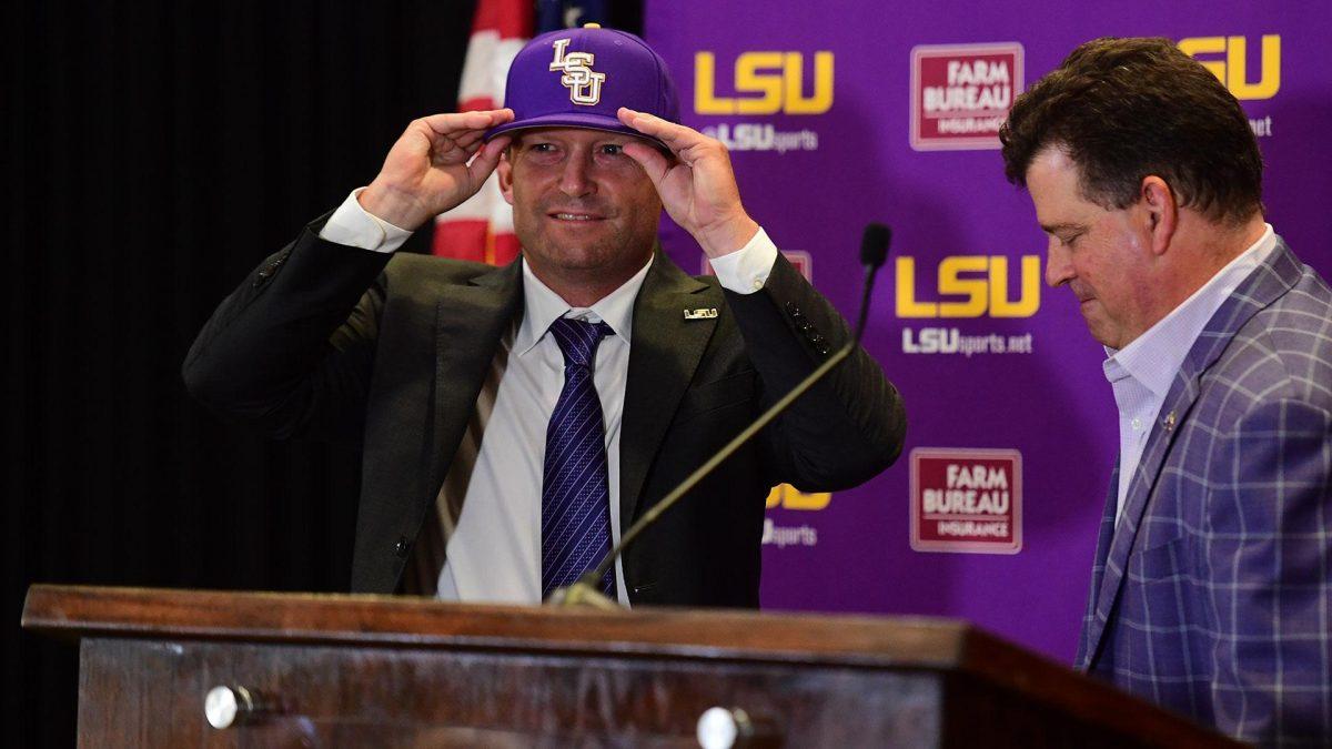 <p>LSU Baseball Head Coach Jay Johnson is introduced to the media on Monday, June 28, 2021, at Alex Box Stadium. <em>Courtesy LSU Athletics</em></p>